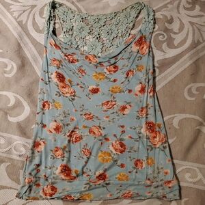 Deb Floral Tank Top with Lace Back - Blue and Orange